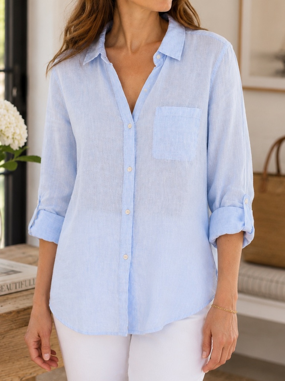 Sigrid Olsen 100% Linen Button-Up Tunic – Light Blue – Size M